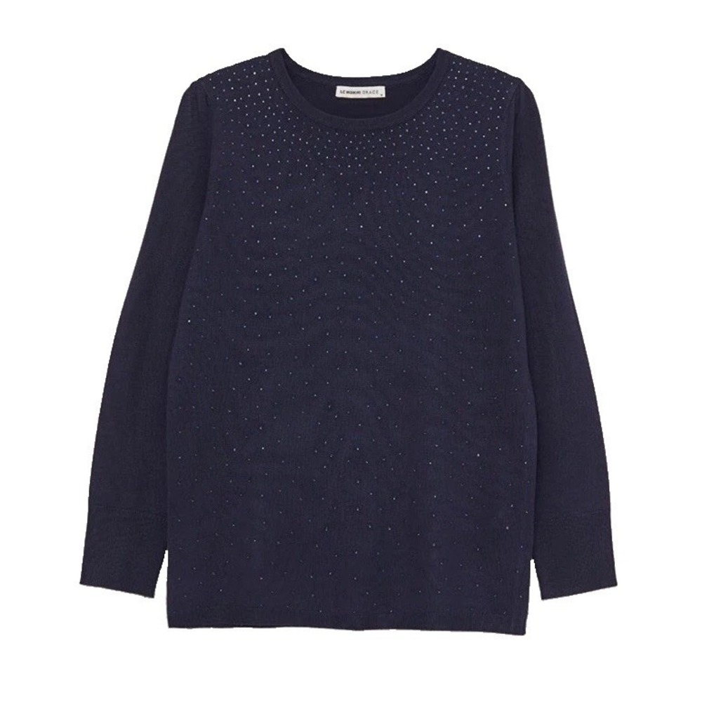 NWT LC Waikiki Womens XL Blue Studded Gem Embellished Crew Neck Sweater Pullover